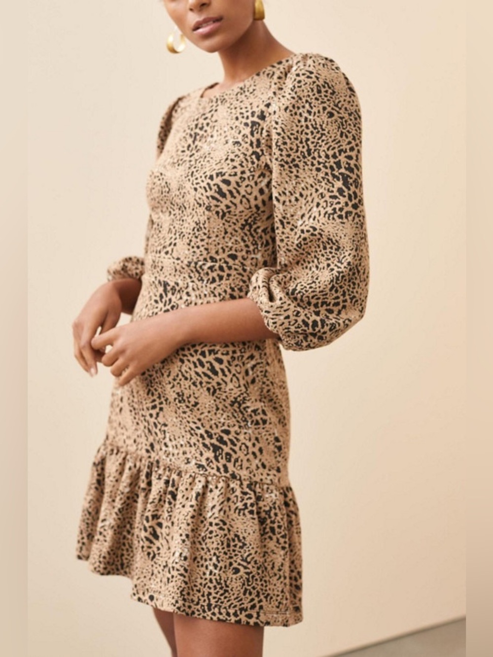 ANTHROPOLOGIE | Leopard Print Puff-Sleeve Mini Dress - Tan/Black